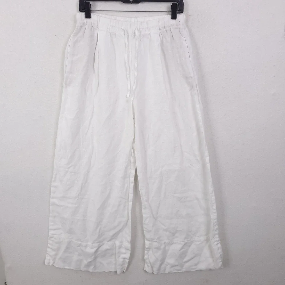 Zara Linen Wide Leg Pants Womens M White Cropped Drawstring Coastal Summer